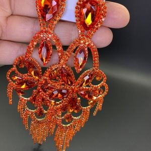 Orange Chandelier Earrings, Rhinestone Earrings, Statement earrings